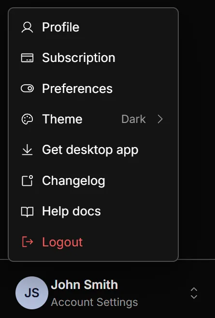 The account menu with the new Changelog row