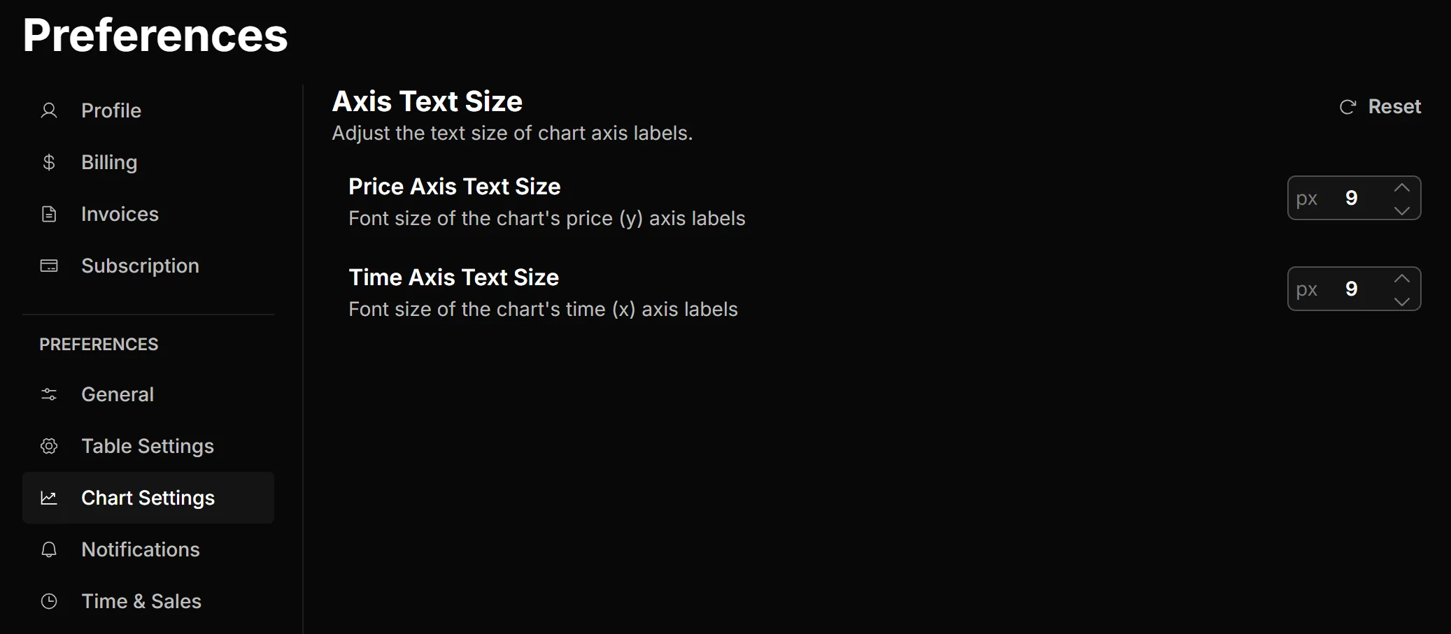 Preferences, Chart Settings, Axis Text Size