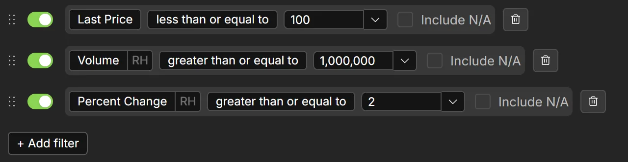 Filter rows, each with an Include N/A option