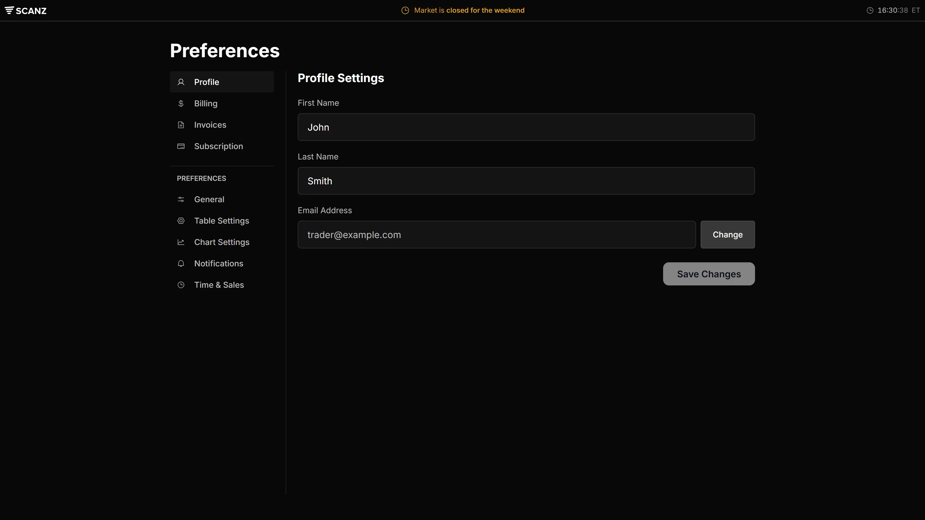 Profile settings in Preferences