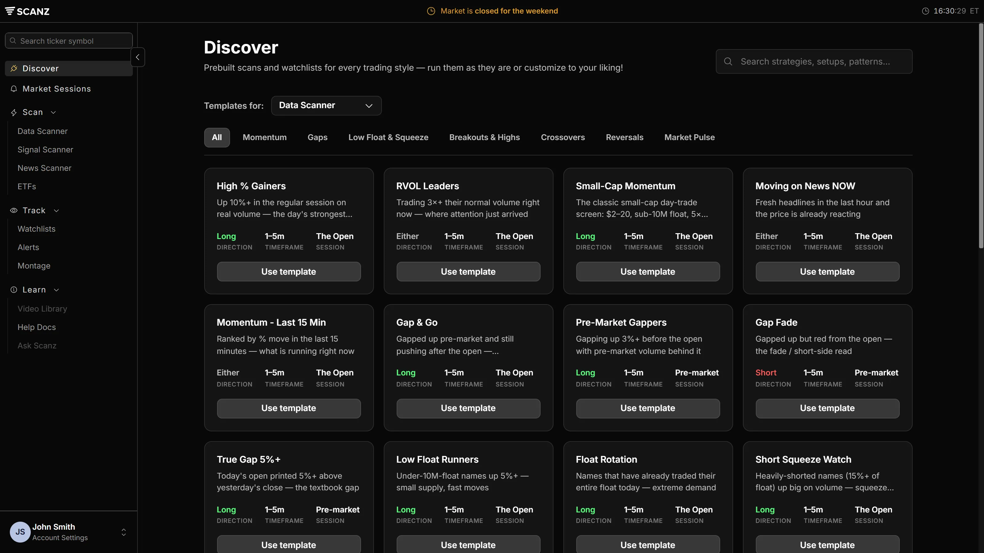 The new sidebar navigation next to Discover scan templates