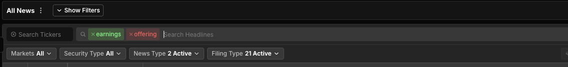 Scanz News headline search field with positive and negative keyword tags applied