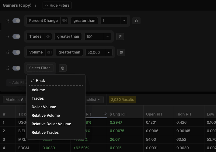 Scanz scanner filter library open to the Liquidity category with specific filter choices visible