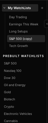 Scanz Watchlists sidebar showing saved watchlists, the plus button, and prebuilt watchlist categories