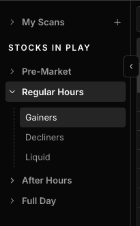 Scanz left sidebar showing My Scans, Stocks in Play, and saved scan groups