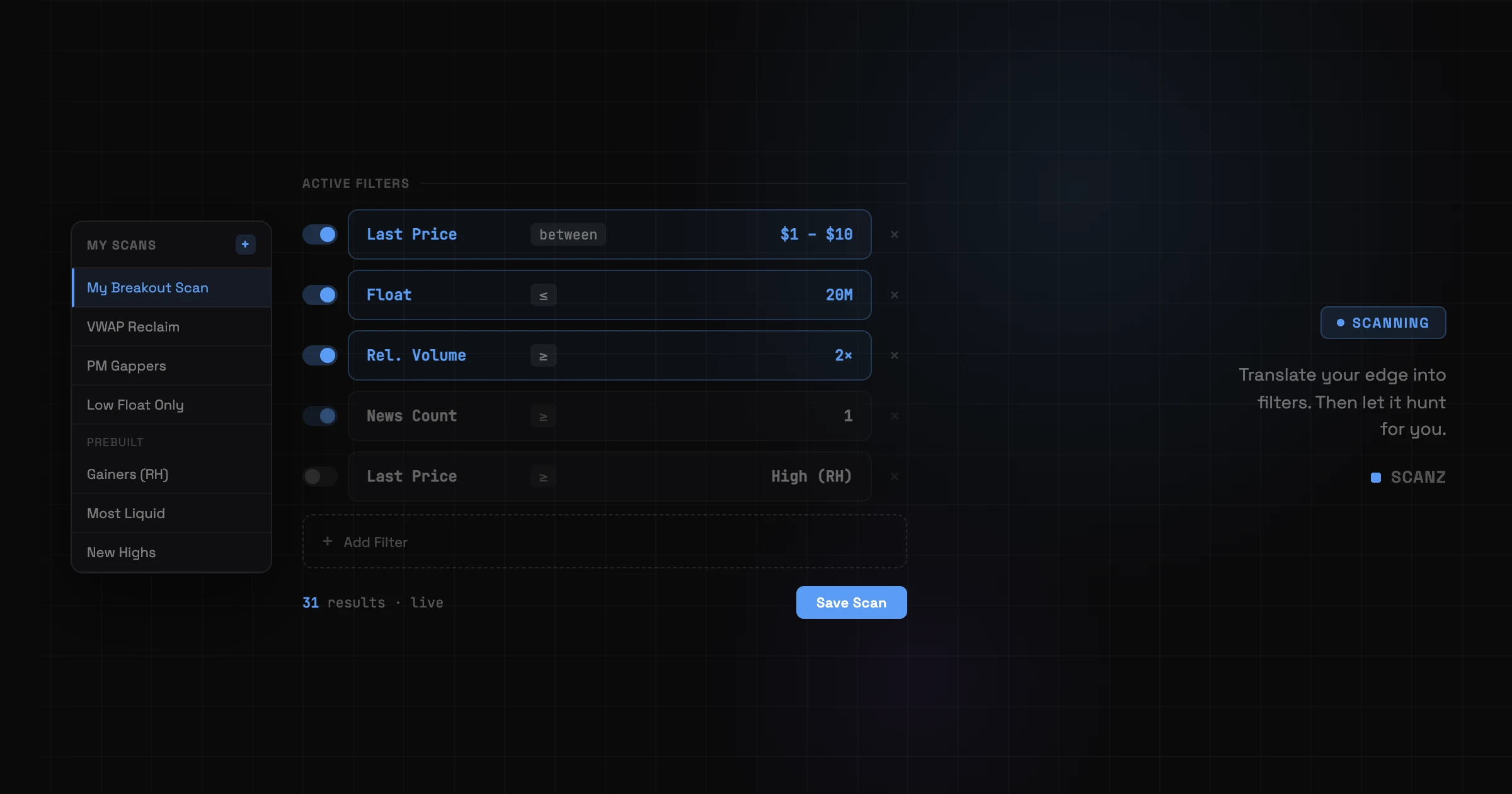 Scanz filter builder showing a custom scan setup with saved scans sidebar