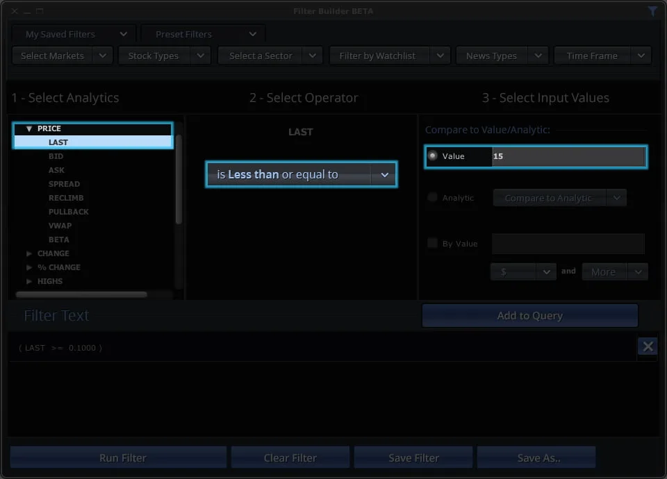 Stock filter settings and criteria selection