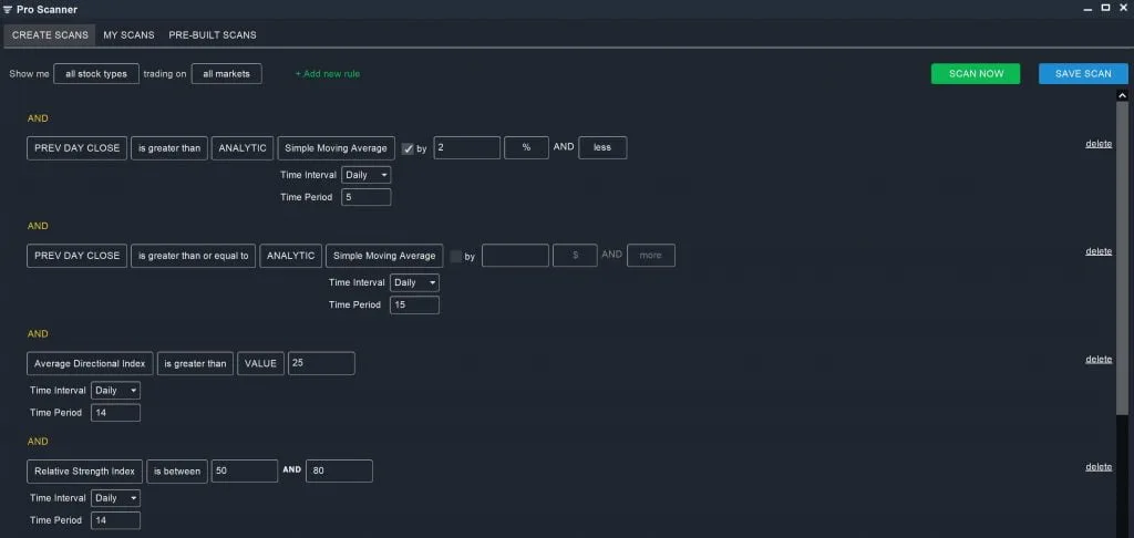 Stock scanning interface and filter settings