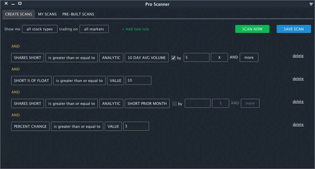 Scanz scanner interface showing stock screening results